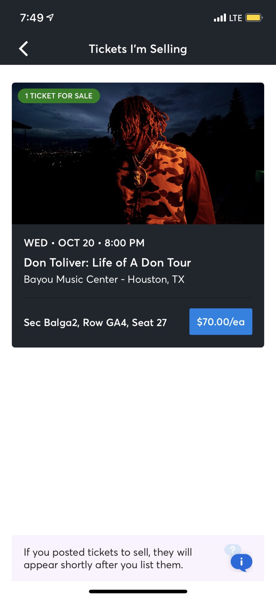 DON TOLIVER TICKET HOUSTON OCT 20TH 8PM 