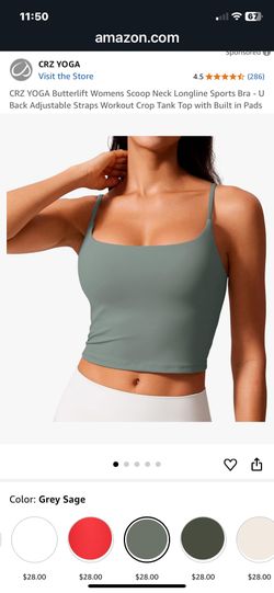 CRZ YOGA Butterlift Womens Scoop Neck Longline Sports Bra - U Back Adjustable Straps Workout Crop Tank Top with Built in Pads