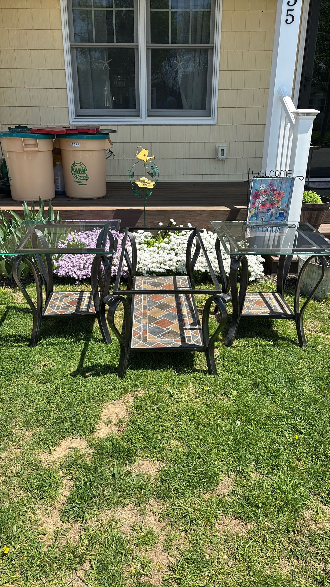 BEAUTIFUL STONE, WROUGHT IRON & GLASS COFFEE TABLE & (2) END TABLES (Coffee Table Glass Is Included - Wrapped Safely In Cardboard)
