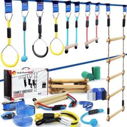 56 Ft Ninja Warrior Obstacle Course, Slackline Obstacle Course with 8 Ninja Accessories