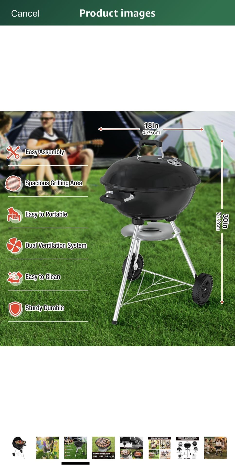 18 inch Charcoal Grill, Portable Kettle BBQ Grills, Perfect BBQ Gift, Durable & Easy to Assemble, Round Barbecue Grill with Wheels and Lid for Outdoor