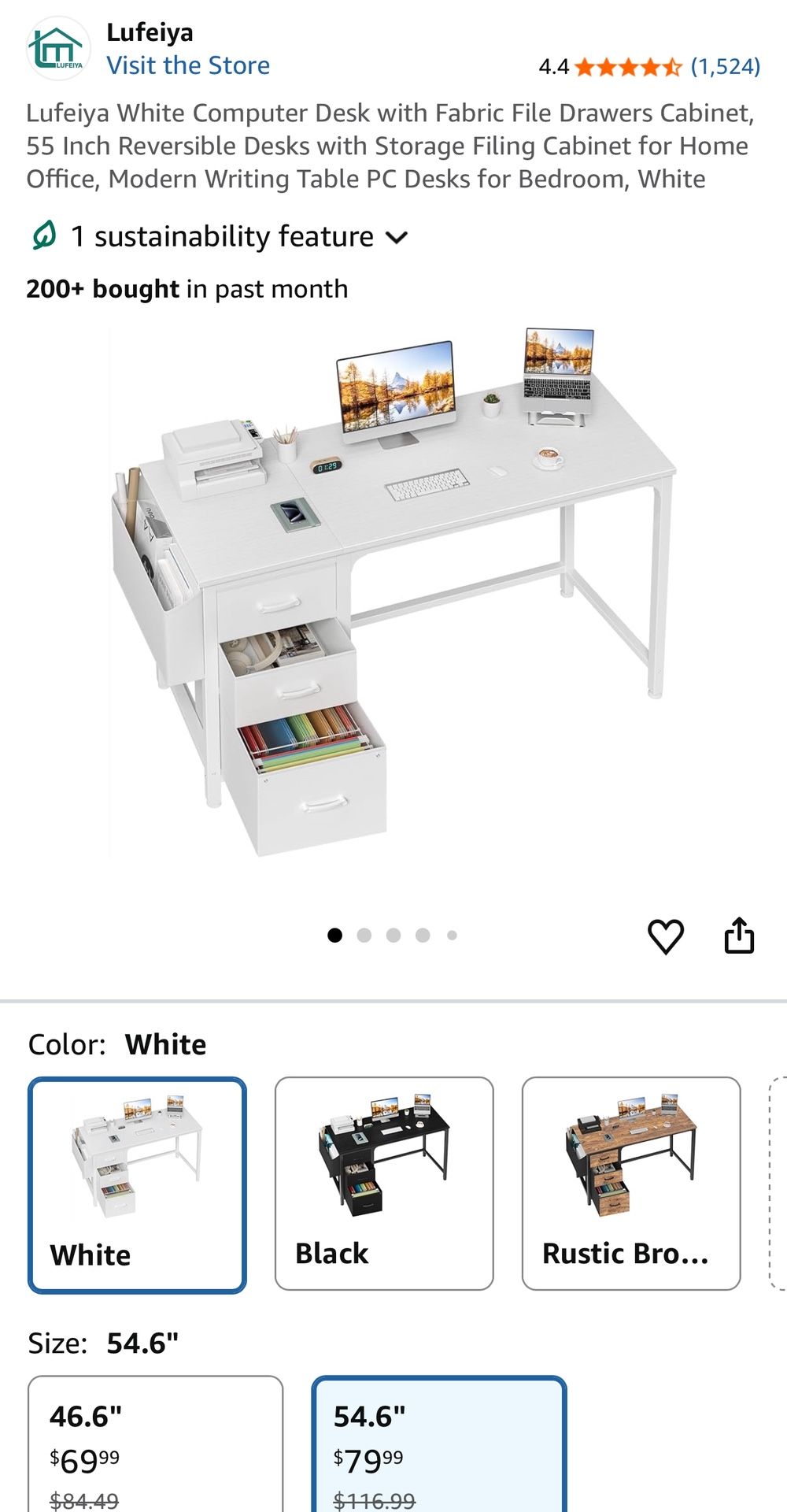 Lufeiya White Computer Desk with Fabric File Drawers Cabinet, 55 Inch Reversible Desks with Storage Filing Cabinet for Home Office, Modern Writing Tab