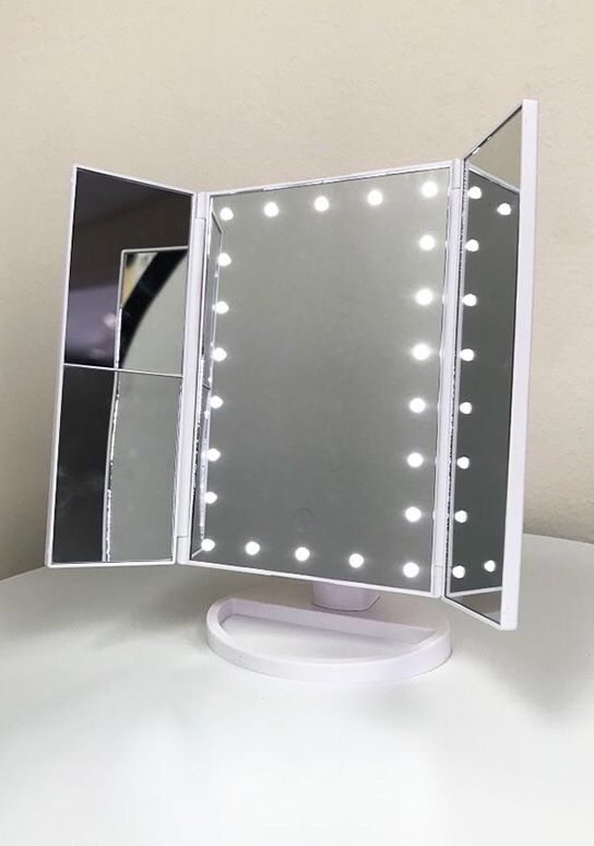 (New in box) $20 each Tri-fold LED Vanity Makeup 13.5”x9.5” Beauty Mirror Touch Screen Light up Magnifying