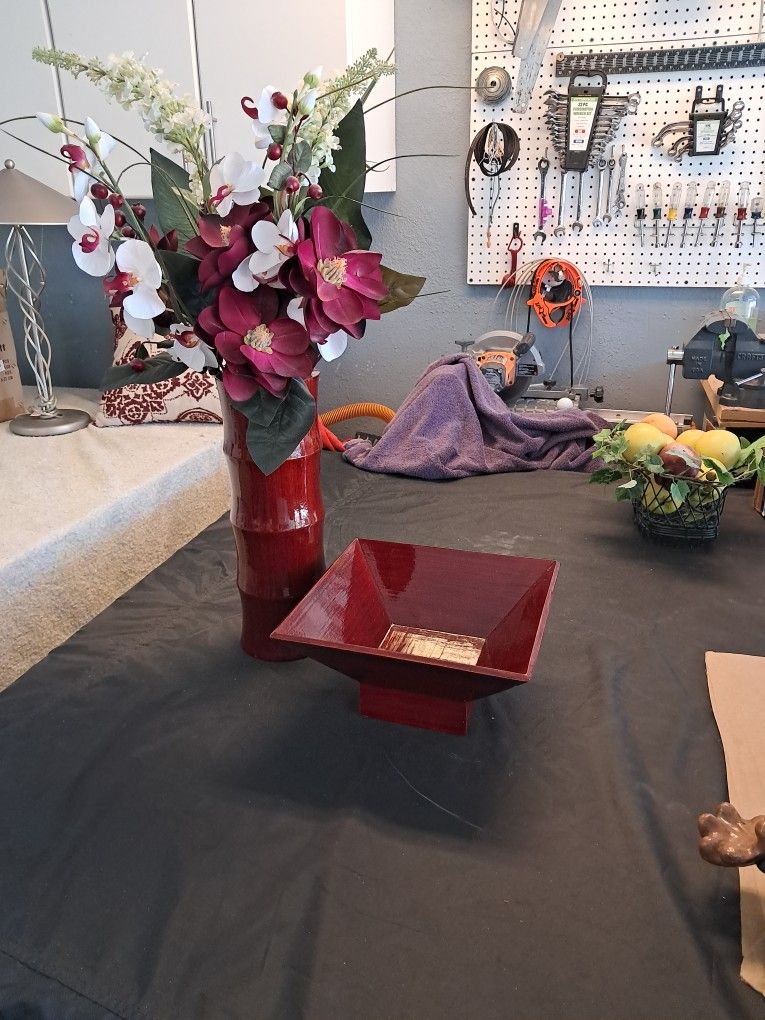 Bamboo Bowl And Vase With Flowers
