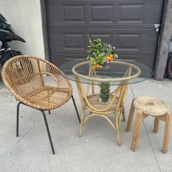 Vintage Bamboo Dining Table With Chair And Stool / Plant Stand 
