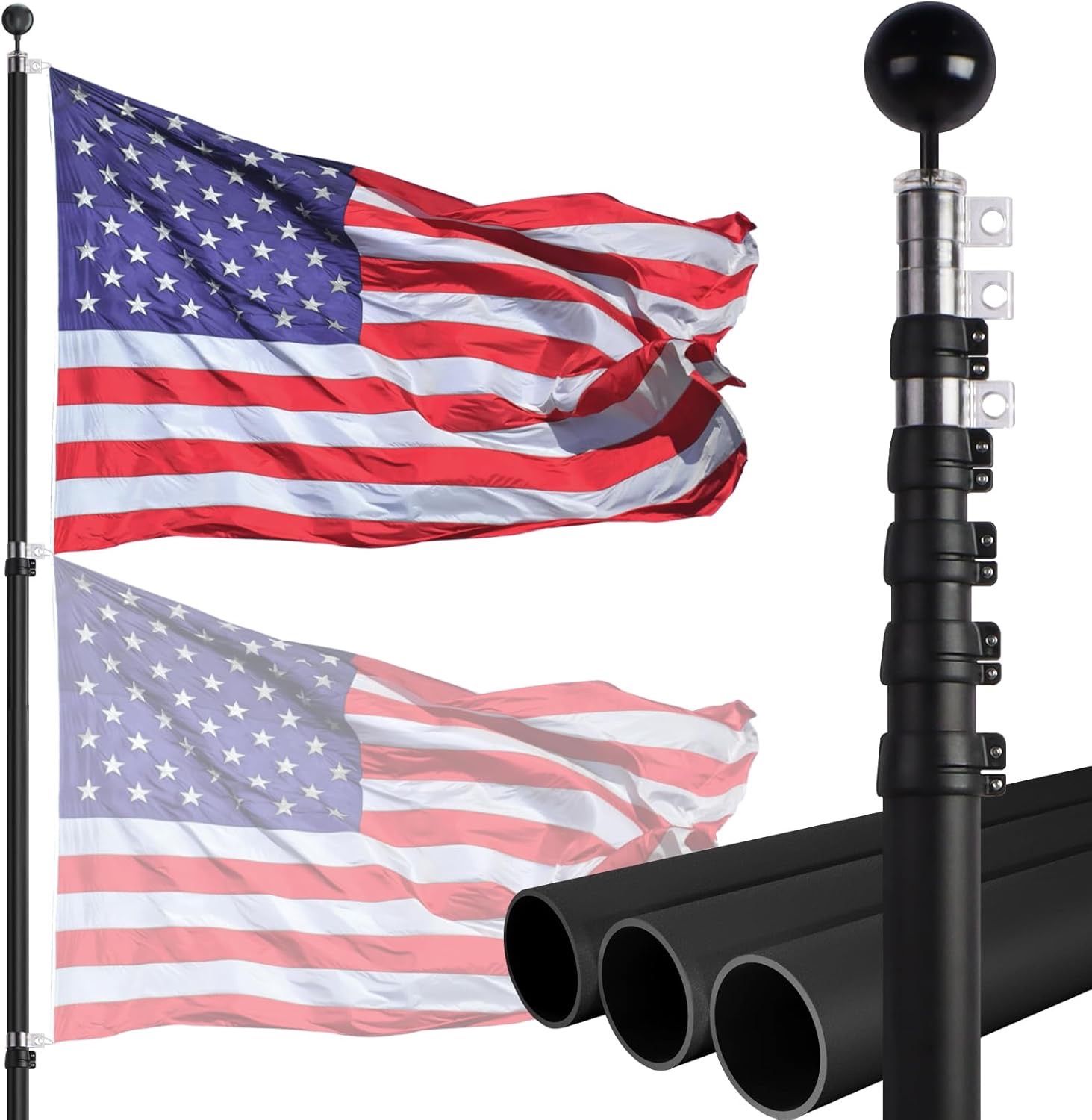 20ft Telescopic Flag Pole - Extra Thick Outdoor Telescoping Flag Poles with 3x5 American Flag for Residential or Commercial,Black
