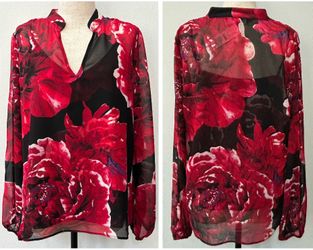 NWT 2 pc White House Black Market floral Rose Red Black LS Button Blouse Size L