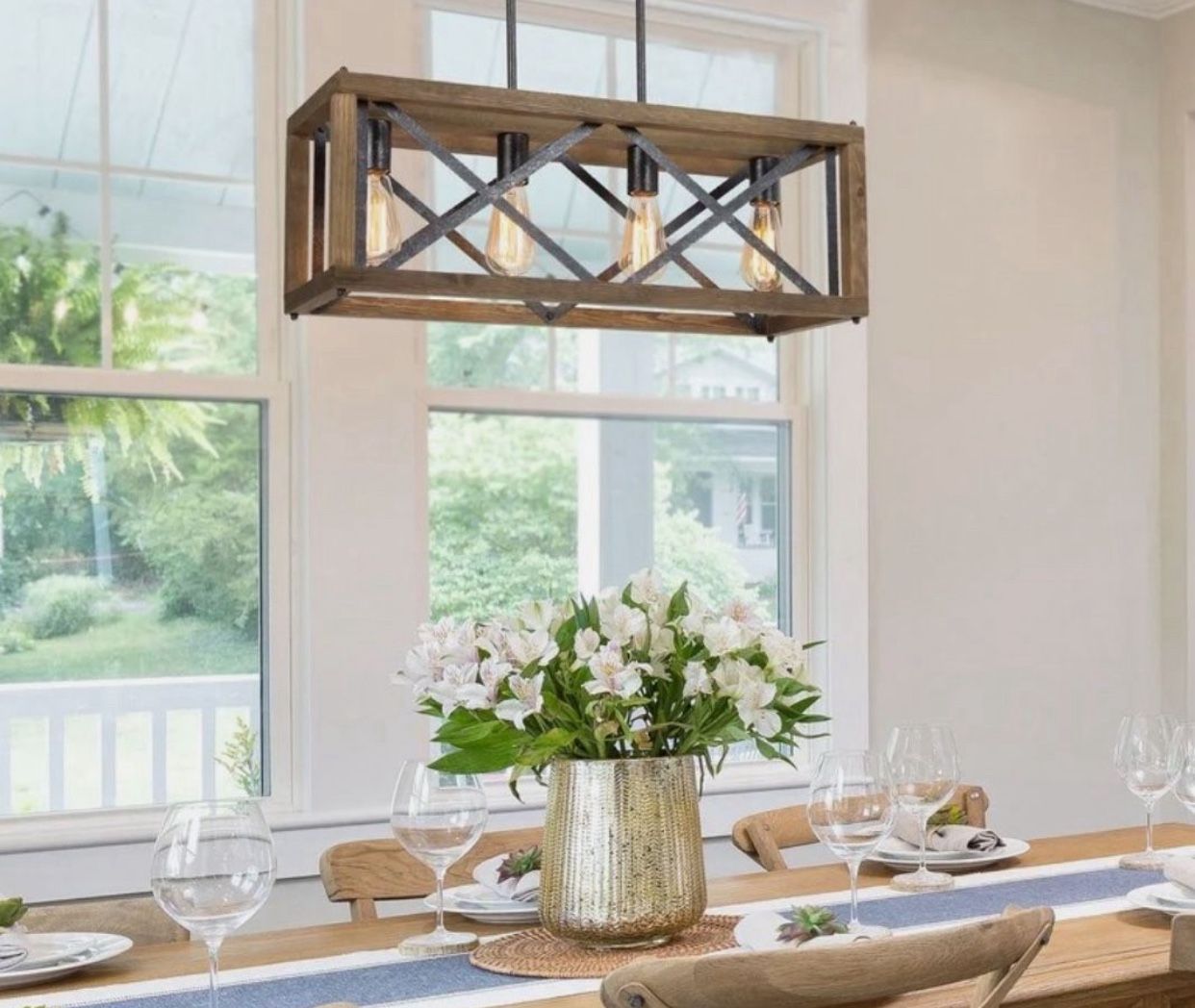 FarmingHouse Dining Room Chandelier 4-Light Brown Wood Kitchen Island Pendant With White Frosted Glass Raw Iron Accents