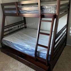Twin Full Size Expresso Bunkbed With Orthopedic Mattress 