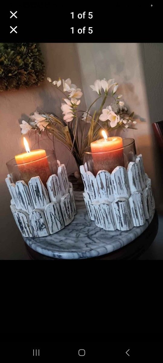 Pair White Washed Wooden Glass Candle/Plant. Inside or Outside on Your Patio, Candles NOT Included