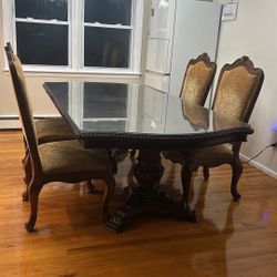 Dining Table Set with Glass Top + 4 Chairs – Solid Wood