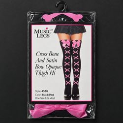 Music Legs Pink Crossbones Satin Bow Thigh Highs OSFM