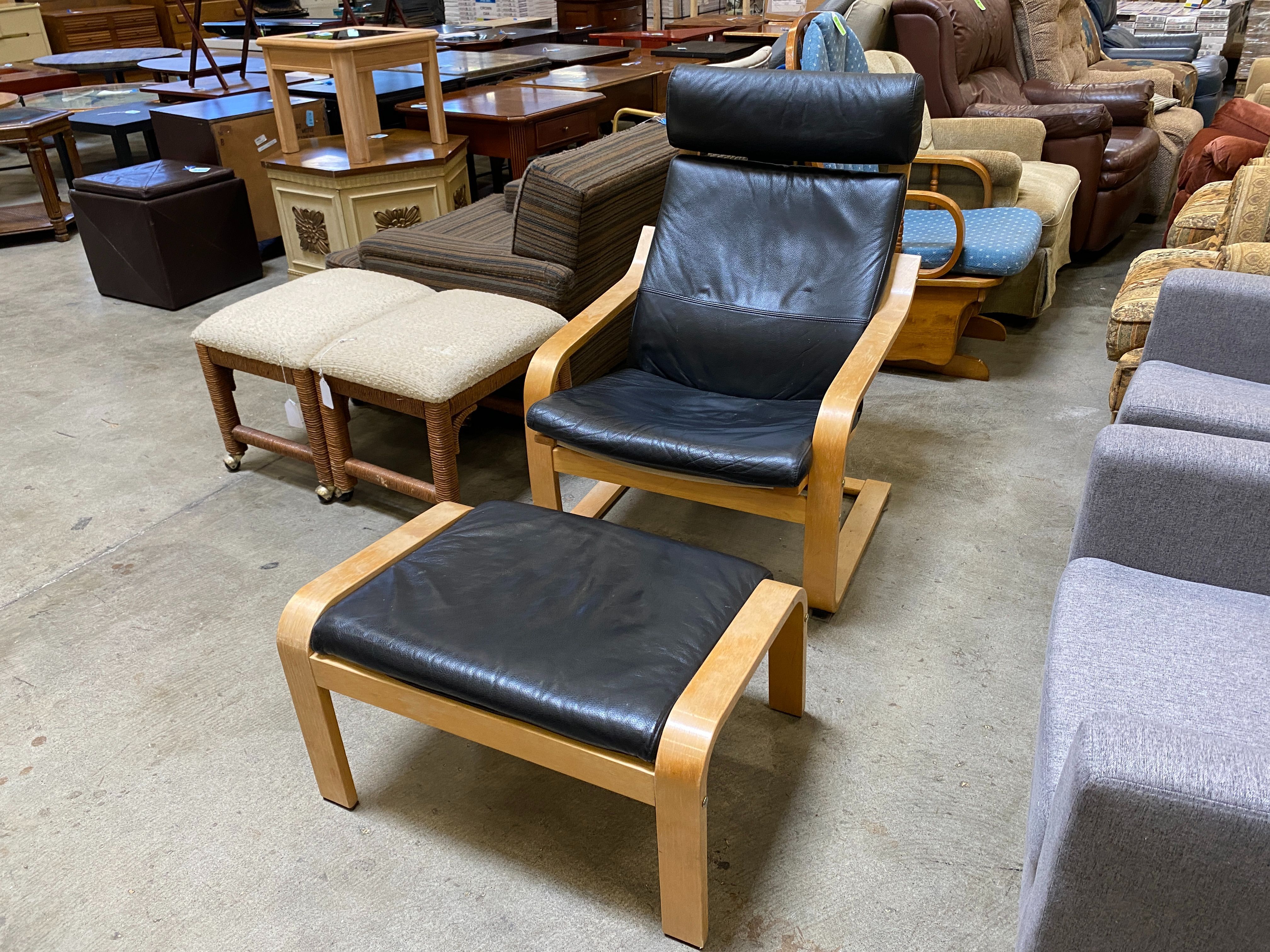 IKEA Poang Low Stress Leather Cushioned Rocker with Ottoman