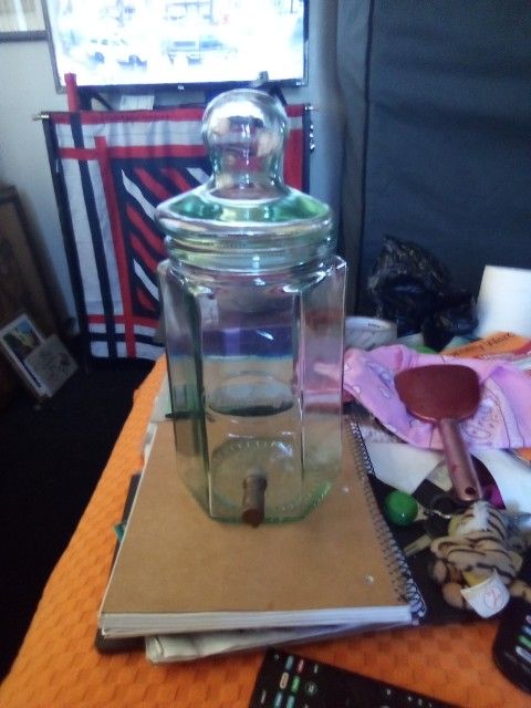 Vintage Italian Made Aqua Blue Green Glass Water Dispenser With Brass Spigot