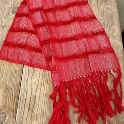 RED STRIPED SILK SCARF w/ Fringe Hand Woven Wrap Artisan Made Vietnam