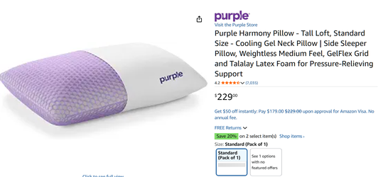 Purple Harmony Pillow - Tall Loft, Standard Size - Cooling Gel Neck and Side Sleeper, Medium Feel