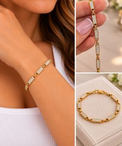 Elegant Gold-Tone Crystal Bar Link Bracelet – Sparkling & Stylish ✨