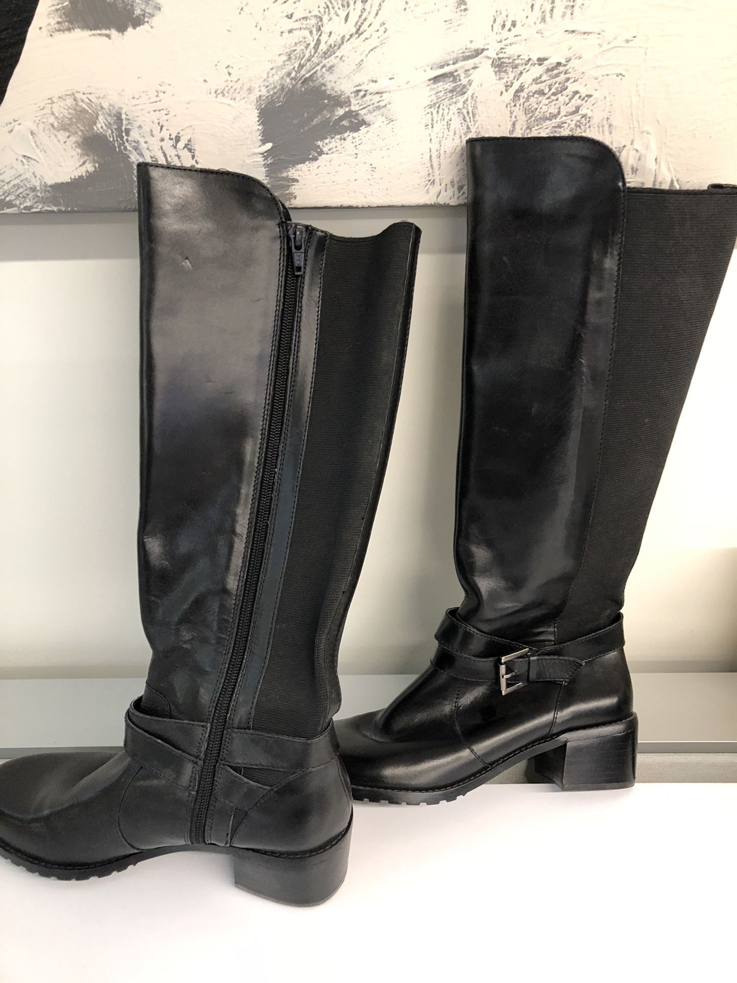 Brand new Anne Klein black leather tall boots w/elastic calves to