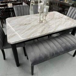 ✅️✅️ 5 pc Pascal black wood finish faux marble top dining table set grey fabric (Bench not included)✅️