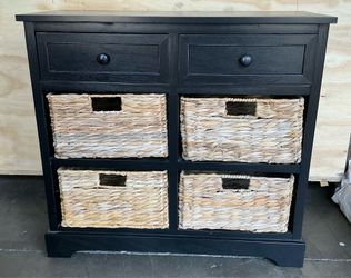 Modern farmhouse storage cabinets with woven baskets
