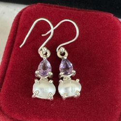 925 Sterling Silver , Genuine Amethyst & Pearl Earrings , Hook , Marked 925 , Beautiful!! Great Condition 