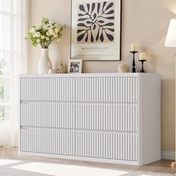 Y-White 6 Drawers Double Dresser, Fluted Dresser for Bedroom, Modern Chest of Drawers with Handleless, Curved Profile Dressers TV Stand, Wood Storage 