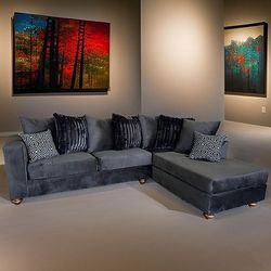  Rivera Grey Fabric L‑Shape Sectional – Modern Modular 2‑Piece Sofa, Excellent Condition