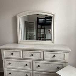 Dresser With Mirror, Night Stand, And Vanity With A Bench