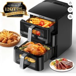  12 QT Stack Double Basket Air Fryer,  Space Saving Design, 10-in1 Air Fryer, Roast, Bake & More, Easy to Clean, Dishwasher Safe Parts
