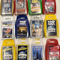 This Top Trumps card game lot includes various themes such as Harry Potter, earth Wonders, world wonder, US Presidents, and Guinness World Records, AN