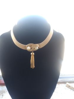 Vintage double pearl knot mesh choker