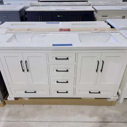 “60” Double Sink Bathroom Vanity in White Color with Black Handles and Vanity Top in White  $915 