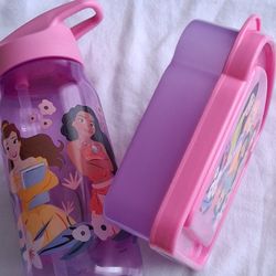 Disney Princess Lunch Box & Water Bottle Set Pink Purple Kids School Bundle