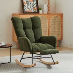 Modern Upholstered Rocking Chair With High Backrest, Footrest And Solid Wood Legs