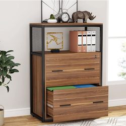2 Drawer Lateral File Cabinet with Lock, Letter/Legal / A4 Size, Large Rustic Filing Cabinet Printer Stand with Metal Wire Open Storage Shelves for Ho