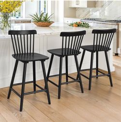 Set Of 3 LUE BONA Upgraded Windsor Wooden Black Bar Stools Set of 3, 24 Inch Counter Height Barstools with Spindle Back/Bigger Seat for Kitchen Island