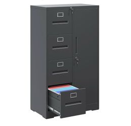 V297-File Cabinet 4 Drawer, Vertical File Cabinet with Lock and 1 Door, File Cabinet with Storage Shelves for A4 Legal/Letter, Assembly Required (Blac