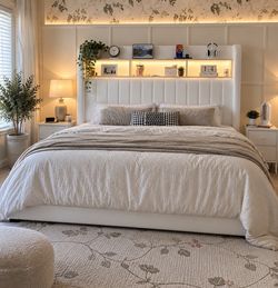 Full size bed White Upholstered Bed Frame with Storage Headboard