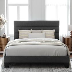 Queen Size Platform Bed Frame with Fabric Upholstered Headboard and Wooden Slats Support, Fully Upholstered Mattress Foundation/No Box Spri