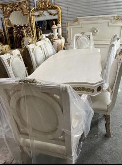 Beautiful 8 Chairs With Table White Dining Set With Gold Touch