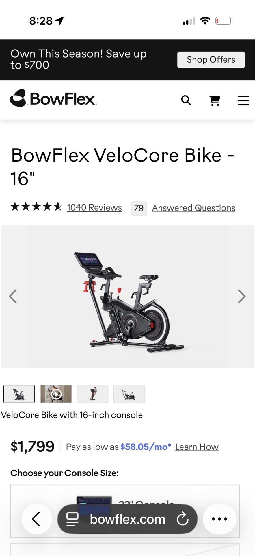 Bow flex Exercise Bike 16inch Display