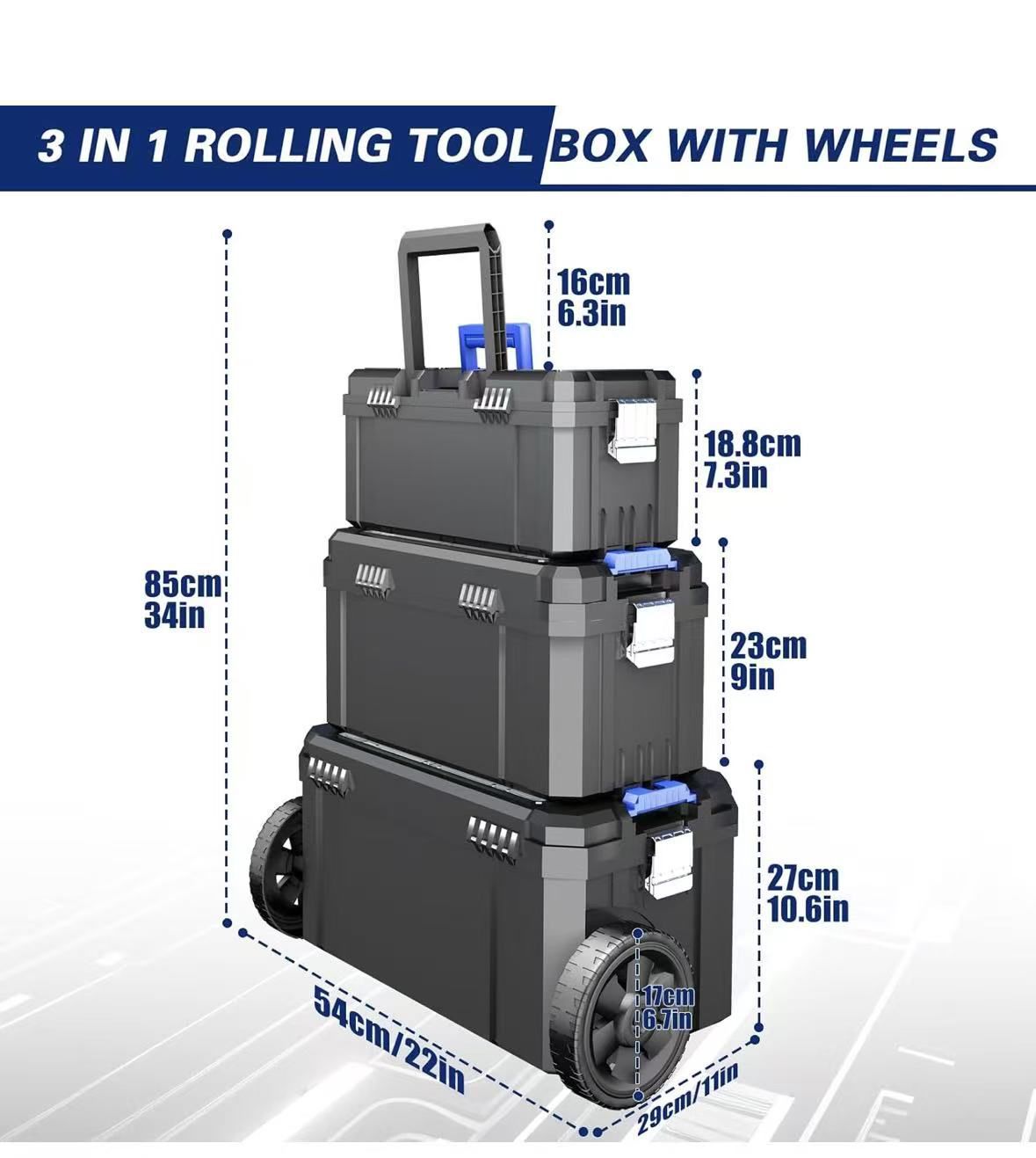 3 IN 1 Rolling Tool Box With Wheels,Stackable Tool Box,Modular Tools Storage Organizer,Top Small Parts Organizer Design,With Removable Small Parts Box