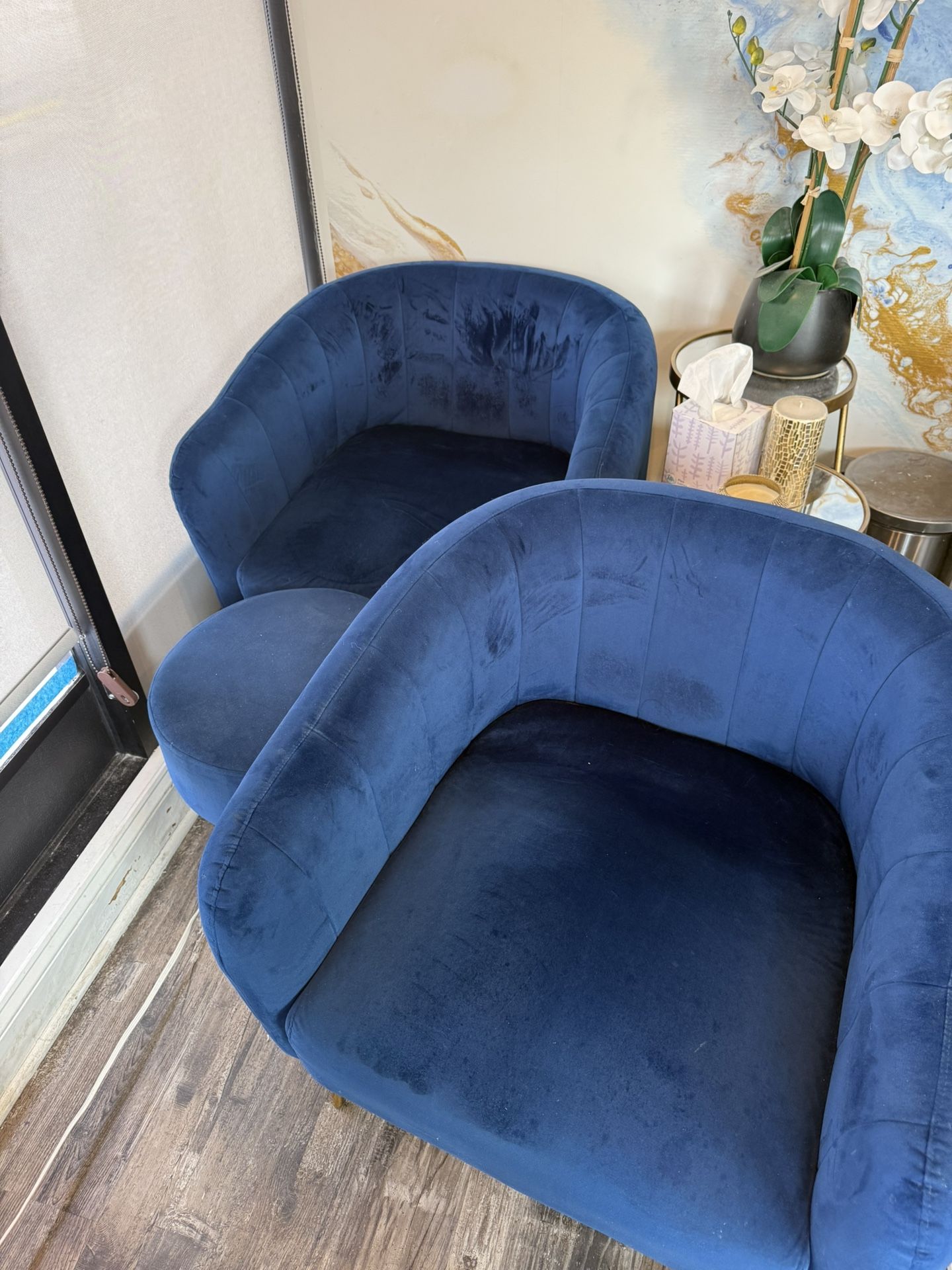 2 Royal blue accent Chairs W/ Matching Foot Stools