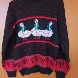 vintage 1980's medium ugly Christmas sweater geese ducks private eyes made in usa