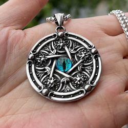 Stainless steel wiccan pentagram evil eye skull pendant necklace for men women