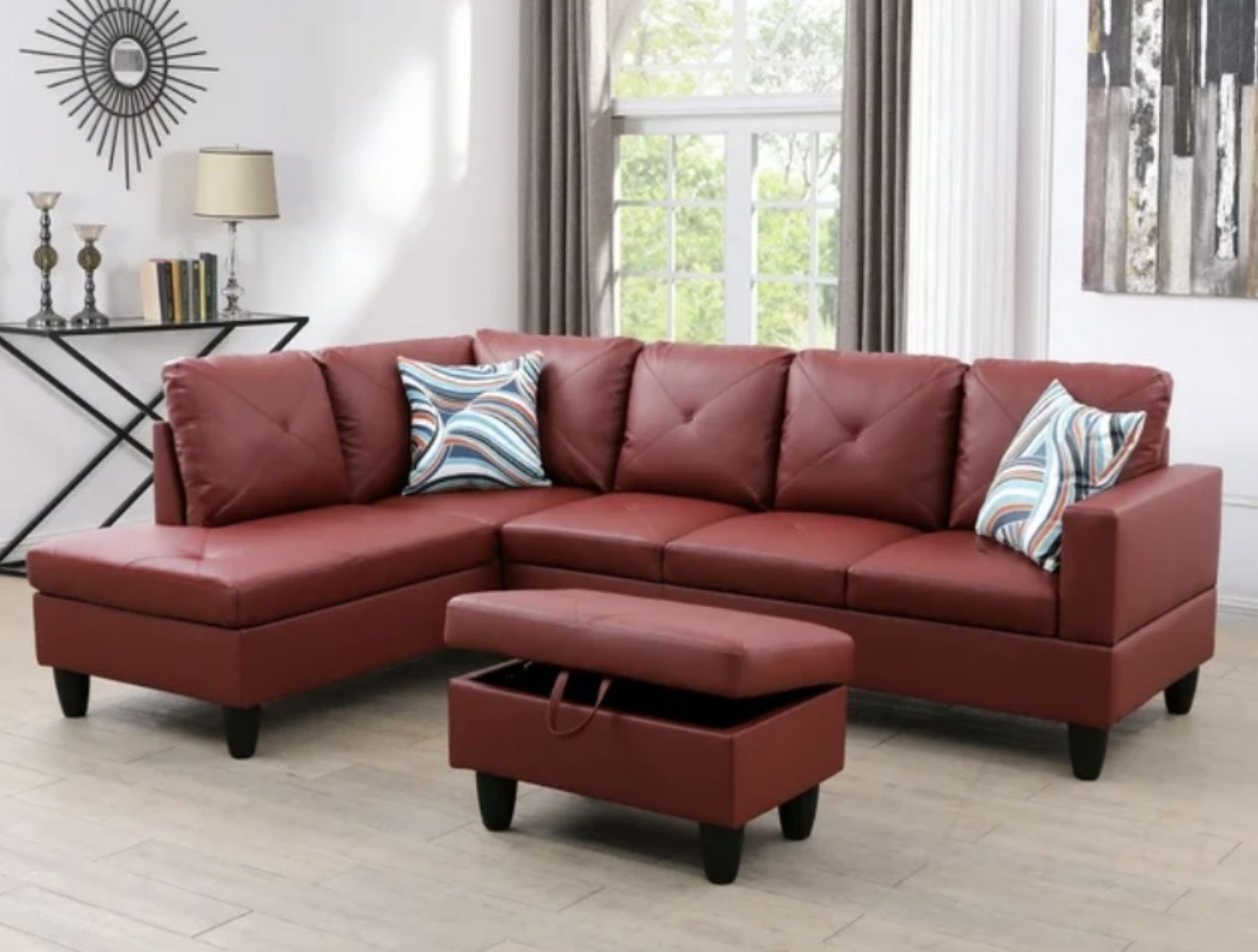 Red Leather Sectional Couch And Ottoman