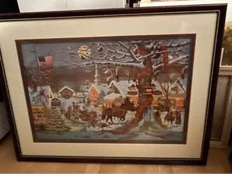 Framed Charles Wysocki Winter Village Christmas Scene Print