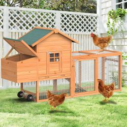 Portable Chicken Coop with Wheels & Handrail, Wooden Hen House Outdoor 80” Predator-Proof Chicken Coop for 2-4 Chickens, Weatherproof Asphalt Top, Rem
