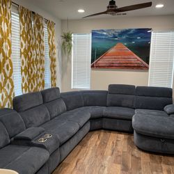 Blue Sectional Sleeper Sofa w/ Storage, USB Ports & Recliners - MUST SELL