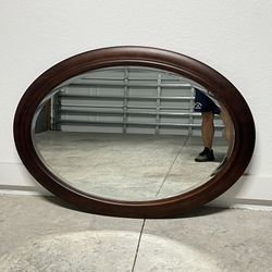 Large Oval Wood Framed Wall Mirror 36.5” x 50” Beveled Glass Merlot Finish